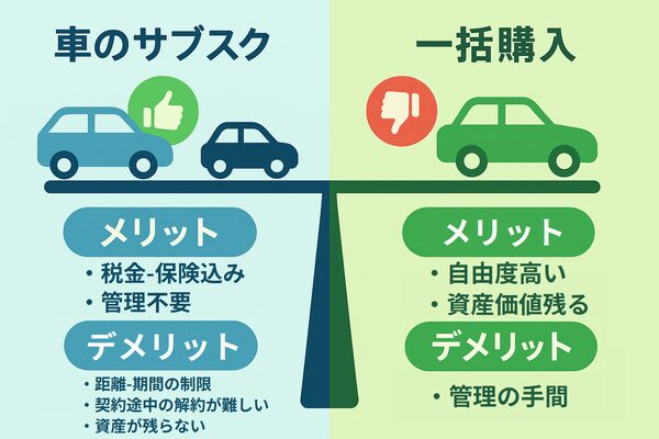 車サブスクと一括購入の契約条件の違いによるメリット・デメリットを比較したイラスト