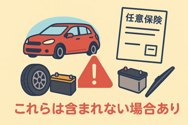 車サブスクの保険・メンテに含まれない項目を説明するイラスト。任意保険証券、タイヤ、バッテリー、ワイパーと注意マークを配置し、含まれない場合ありと明記