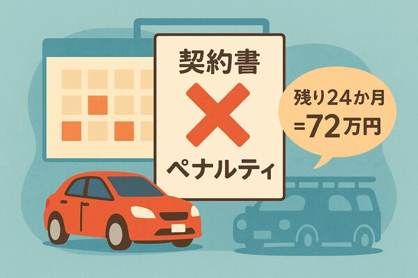 車サブスクの中途解約ペナルティを説明するイラスト。契約書に大きな赤い×、カレンダーと赤い車、残り24か月＝72万円の請求額を示す吹き出し