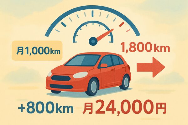 車サブスクの距離制限と超過コストを説明するイラスト。月1,000kmの制限に対して1,800km走行し、＋800kmで月24,000円の追加料金が発生する様子を視覚化