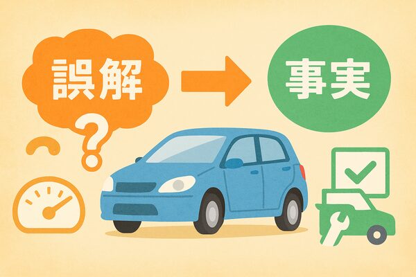車サブスクの誤解と事実を対比するイラスト。中央に青い車、左に誤解アイコンとスピードメーター、右に事実アイコンと整備チェックマークを配置