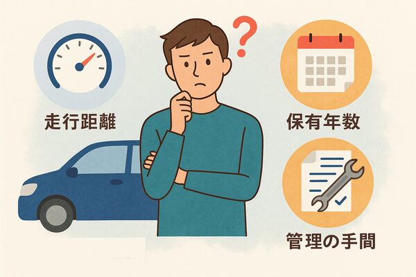 車サブスク契約前に走行距離・保有年数・管理の手間を考える男性のイラスト。横長構図で人物と車、スピードメーター、カレンダー、工具と書類のアイコンを配置