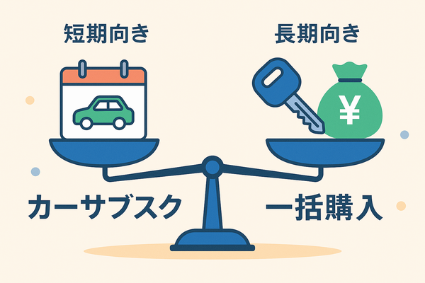 短期向きのカーサブスクと長期向きの一括購入を天秤で比較したイラスト