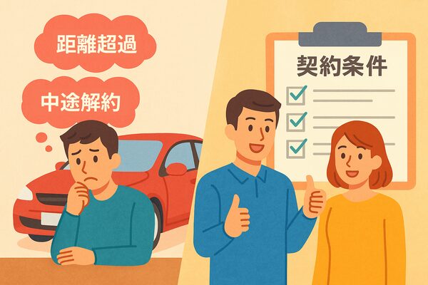 車サブスクの契約前に条件を確認せず後悔する人と、契約条件を確認して安心する人を対比したイラスト。距離超過や中途解約のリスクを表現