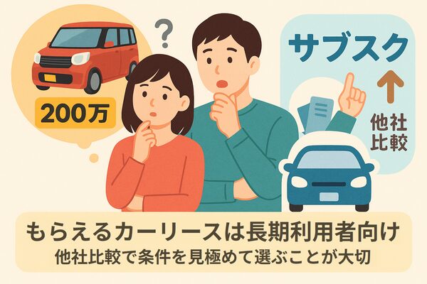 もらえるカーリースの長期契約を検討する夫婦のイラスト。契約満了後に車がもらえる仕組みを示しつつ、200万円の総額や他社比較の重要性、長期利用向けである点をわかりやすく表現している。