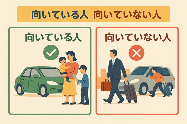 もらえるカーリースが向いている人と向いていない人を対比。向いている人は家族で長期利用、安心して車を所有したい人。向いていない人は転勤やライフスタイル変化で短期乗り換えを考える人を描いた図解。