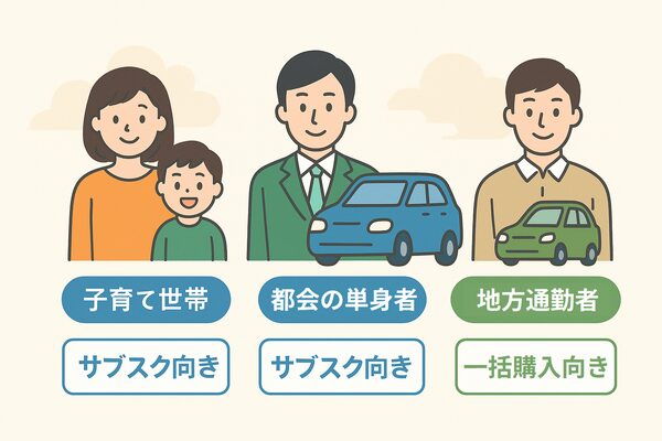 子育て世帯・都会の単身者・地方通勤者の生活シーンごとに、サブスク向きか一括購入向きかを示したイラスト