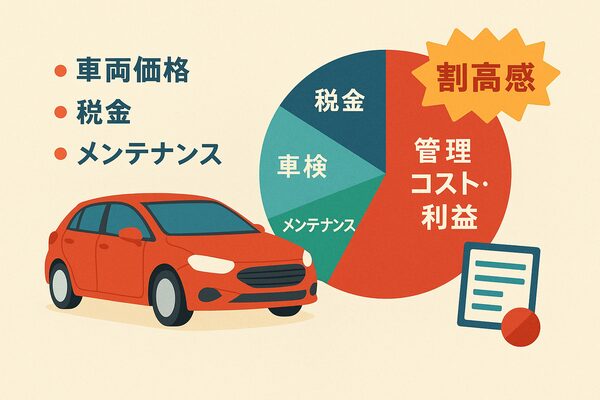車サブスクの料金内訳を円グラフで説明するイラスト。車両価格・税金・車検・メンテナンスに加え、管理コスト・利益の割合を赤で強調し割高感を示す