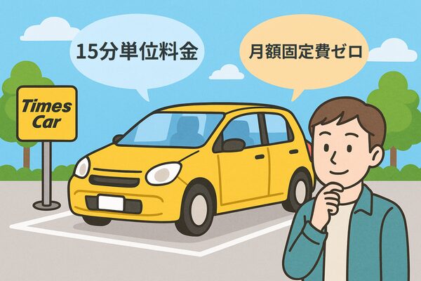 カーシェアは月数回の利用なら月8,000〜1万円程度に収まり、所有するより安いことを示すイラスト