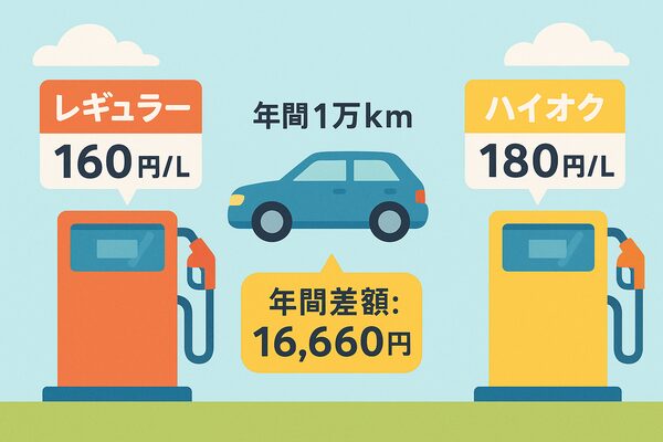 レギュラー160円/Lとハイオク180円/Lの比較で、年間1万km走行時に約16,660円の差が出ることを示すイラスト