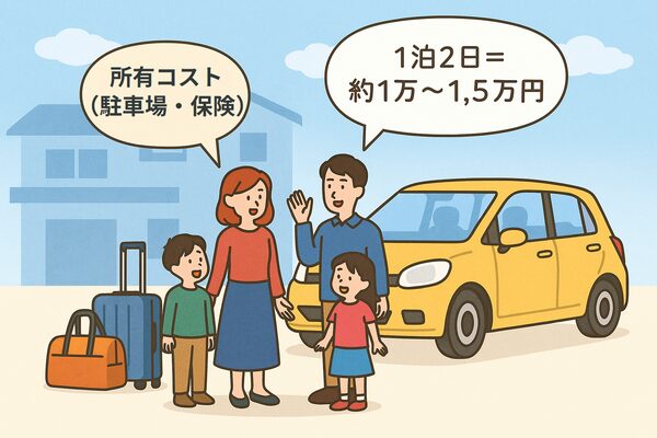 1泊2日の旅行ならレンタカー代は約1〜1.5万円で済み、車を所有するより合理的な選択であることを示すイラスト