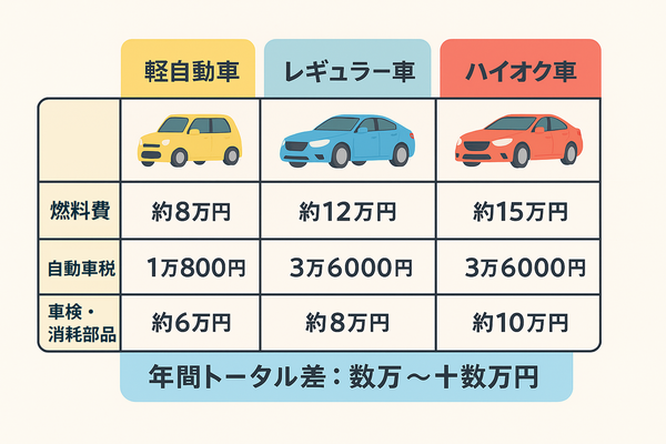 軽自動車・レギュラー車・ハイオク車の燃料費・自動車税・車検費用を比較し、年間数万〜十数万円の差が出ることを示すイラスト