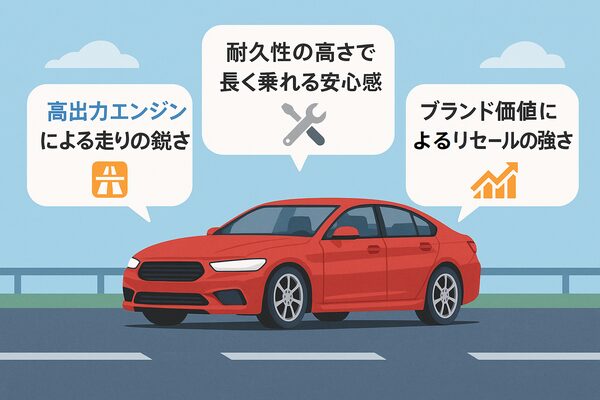 ハイオク車の高出力性能・耐久性・リセール価値という3つの魅力を示すイラスト