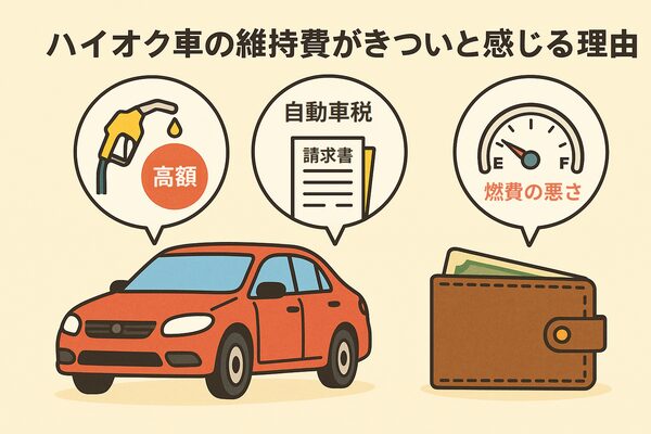ハイオク車の維持費がきついと感じる主な3つの原因（ガソリン代・税金・燃費性能の低さ）を図解したイラスト