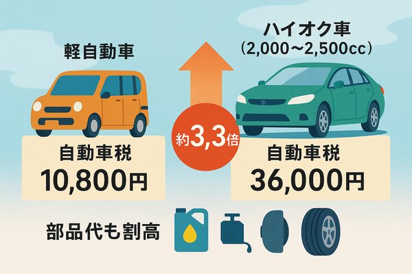 軽自動車の自動車税10,800円とハイオク車（2,000〜2,500cc）の36,000円を比較し、約3.3倍の差と部品代の割高さを示すイラスト