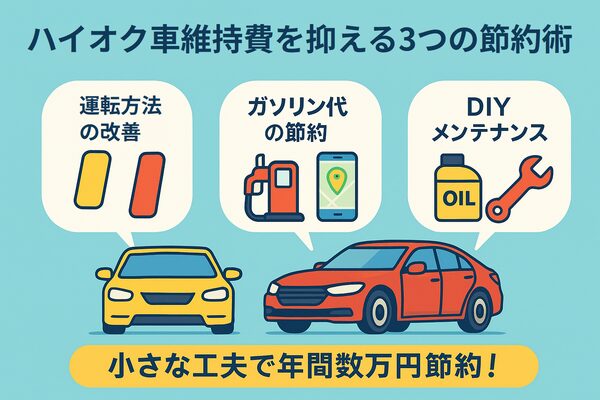 運転方法の改善・ガソリン代節約・DIYメンテナンスの3つでハイオク車の維持費を抑える方法を示すイラスト