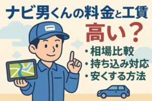 ナビ男くんの料金と工賃は本当に高いのかをテーマにしたイラスト画像。カーナビを持つスタッフ風キャラクターが「相場比較」「持ち込み対応」「安くする方法」を案内しており、料金の不安に答える記事内容を視覚的に表現。