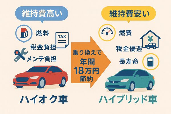 ハイオク車からハイブリッド車に乗り換えることで年間18万円節約できることを示すイラスト
