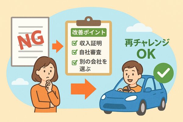 カーリース審査に落ちても収入証明や自社審査・別会社選びで改善し、再チャレンジして車を契約できることを示すイラスト