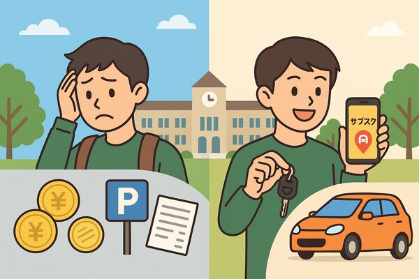大学生が車の維持費や駐車場代で悩む姿と、カーサブスクを使って笑顔で車に乗る対比イラスト｜大学生 車 きつい サブスク 無理なく乗る方法