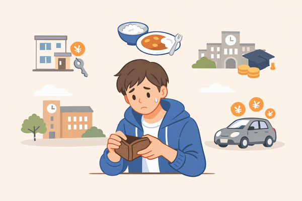 大学生が生活費と車の維持費の負担に悩んでいるイメージ