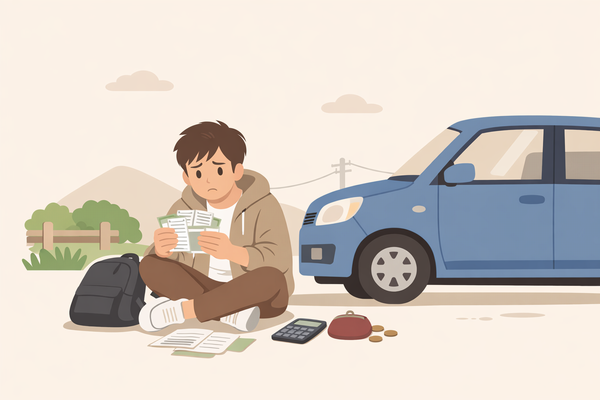 車の維持費の負担で生活に余裕がなくなり後悔する大学生のイメージ