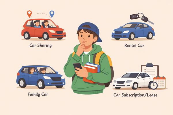 大学生がカーシェアやレンタカーなどの車の利用方法を比較しているイメージ