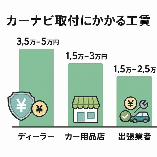 ディーラー・カー用品店・出張業者によるカーナビ取付工賃の比較棒グラフ(費用相場と特徴が視覚で分かる図)