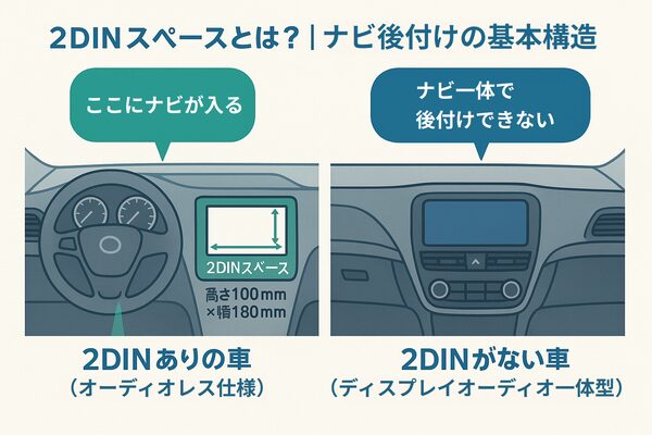 2DINスペースの有無による車の違いを示した図解。オーディオレス車には高さ100mm×幅180mmの2DIN枠があり、ナビ後付けがしやすい一方、ディスプレイオーディオ一体型車はナビ交換ができない構造であることを視覚的に説明。
