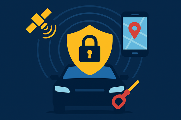 車のシルエットを中心に盾アイコン・GPS衛星・スマホの地図アイコンを配置し、盗難防止と最新追跡システムを表現したフラットイラスト