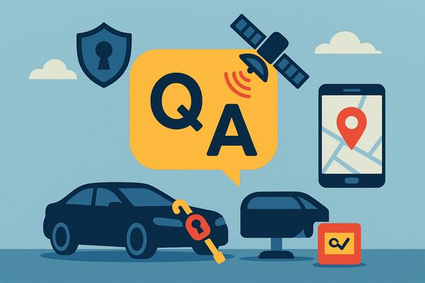 Q&Aアイコンを中心に、車のシルエット・GPS衛星・スマホ地図・盾アイコンを組み合わせたFAQ用フラットイラスト
