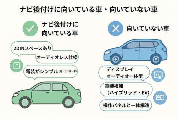 ナビ後付けに向いている車と向いていない車の違いを示す図解。2DINスペースやオーディオレス仕様など、後付け可能な車の特徴と、ディスプレイ一体型や電装複雑な車の特徴を比較。