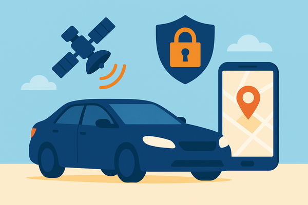 中央に青い車のシルエット、左にGPS衛星、右にスマホ地図、上部に鍵付きシールドを配置した最新セキュリティのイラスト