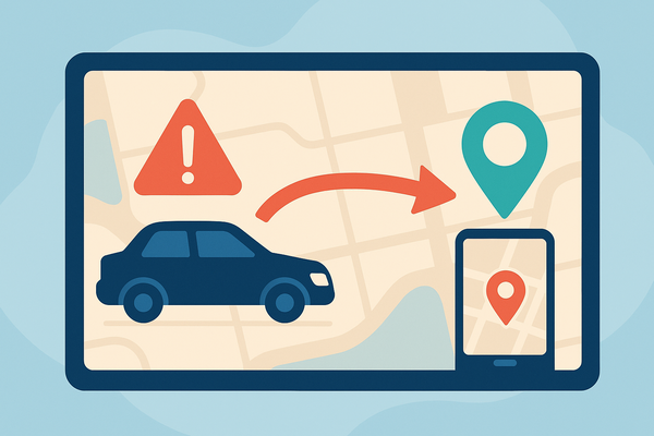 地図上で赤い警告マークから矢印を経て緑の位置ピンへ移動し、車を追跡・発見する流れを示すフラットイラスト