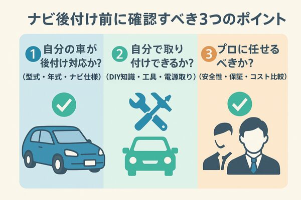 カーナビ後付け前に確認すべき3つのポイントを図解。自分の車が後付け対応か、自分で取り付けできるか、プロに任せるべきかという視点から、後悔しないための確認項目を視覚的に提示。