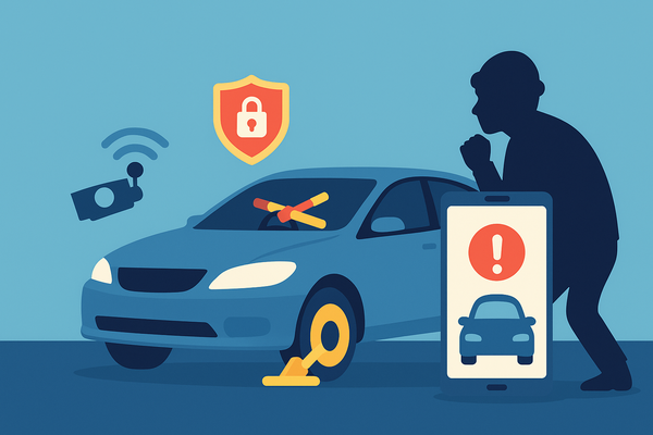 ハンドルロックとタイヤロックを装着した車を見て、泥棒が退散する様子を描いた物理的セキュリティ対策のフラットイラスト