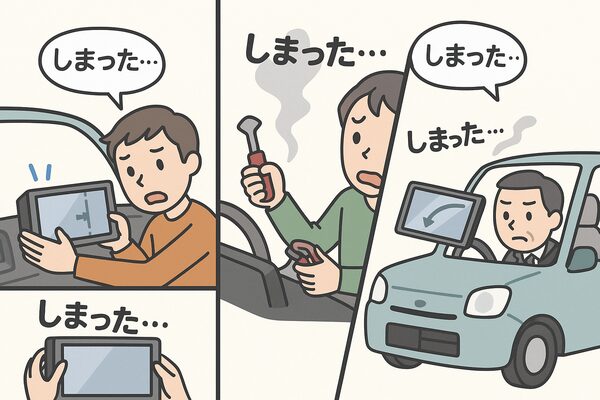 軽自動車にカーナビを後付けして失敗した3例を描いたイラスト(サイズ不一致・DIY配線ミス・傾いた取付のトラブル)