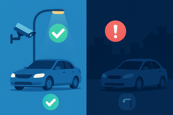 左は街灯と防犯カメラの下で安全に停められた車、右は暗い路地裏で盗難リスクが高い車を描いた対比イラスト