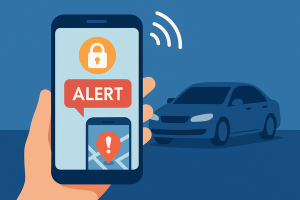 スマートフォンに赤い警告通知が表示され、背景に車のシルエットと電波マークが描かれたセキュリティ強化のイラスト