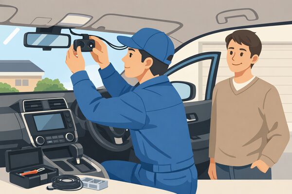 ドラレコ取り付け作業の様子（車内での設置・配線イメージ）