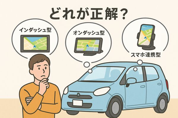 軽自動車の前でカーナビの後付けタイプを悩む男性と、インダッシュ型・オンダッシュ型・スマホ連携型の選択肢を示したイラスト