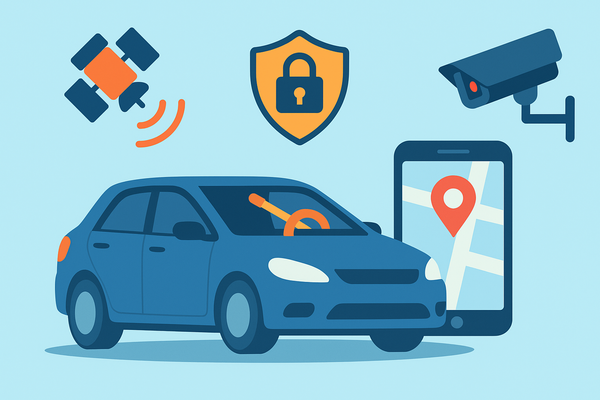 駐車中の車にハンドルロック、上空からのGPS信号、監視カメラとスマホ地図を組み合わせた盗難防止策を表現するフラットイラスト