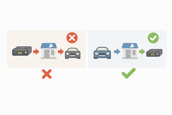レーダー探知機の取り付けで失敗しない順番｜車→業者→機種と持ち込みの逆順を比較した図
