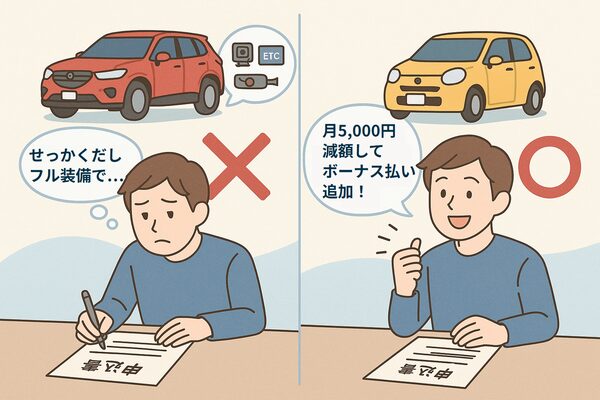 高額なフル装備SUVで審査に落ちたが、月額を下げてボーナス払いを追加したことで審査に通過した比較イラスト（赤✕と青〇で視覚化）