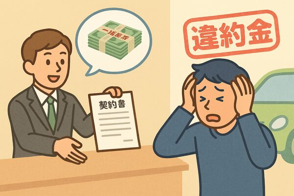 残クレの途中解約で「一括返済＋違約金」を請求され、頭を抱えて困惑する利用者を描いたイラスト