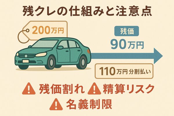 残クレは車両価格から残価を差し引いて月額を安くする仕組みだが、残価割れ・精算額・名義制限などのリスクがあることを示すイラスト