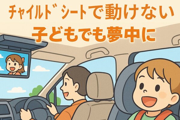 フリップダウンモニターを見て夢中になるチャイルドシートの子どもと、穏やかに運転する両親の車内風景|後部座席モニター後付けのメリットを伝えるイラスト