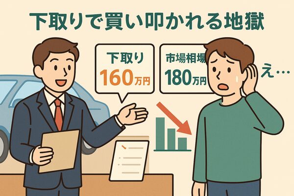残クレ車をディーラー下取りに出した際に、相場180万円に対し160万円と安く査定されて驚く利用者のイラスト