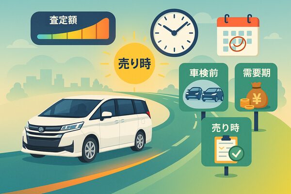 ヴェルファイア残クレの売り時を示すイラスト。道路を走るヴェルファイアとともに「モデルチェンジ前」「車検前」「需要期（ボーナス・決算）」の3つのタイミングが看板で表示され、査定額ゲージや時計が配置されている。