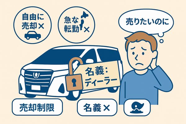 アルファード残価設定ローンで名義がディーラーにあり、売却や乗り換えが自由にできず困惑する若者を描いたイラスト